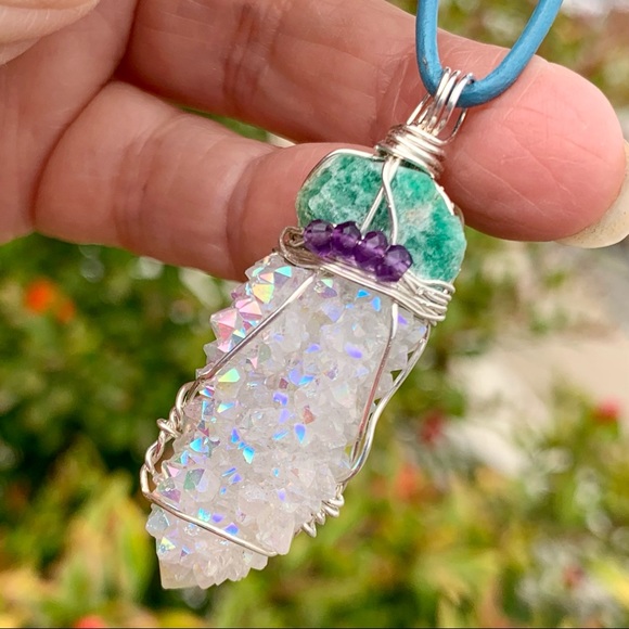 Raw Emerald, Angel Aura, Amethyst Bead Necklace - Picture 10 of 16